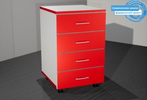 Тумба выкатная на роликах "Современная школа" с 4 ящиками (ЛДСП 16 мм, к. Белый, ф. Красный, кр. Красная)